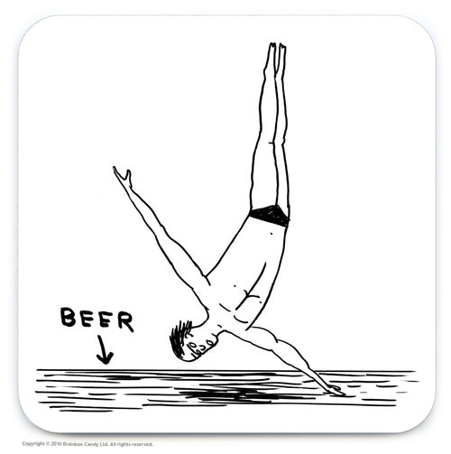 Man diving into beer. Black and white coaster illustrated by Scottish artist David Shrigley