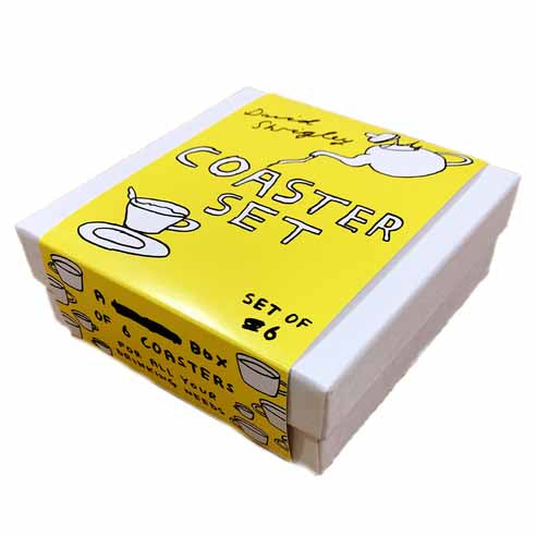 white box with illustrated yellow belly band that says David Shrigley Coaster Set of 6