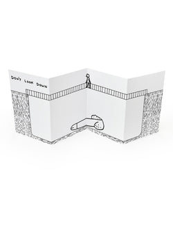 Concertina card featuring a man crossing a bridge that has an illustration of a large penis below the bridge with the typography Don't Look Down. By Scottish artist David Shrigley