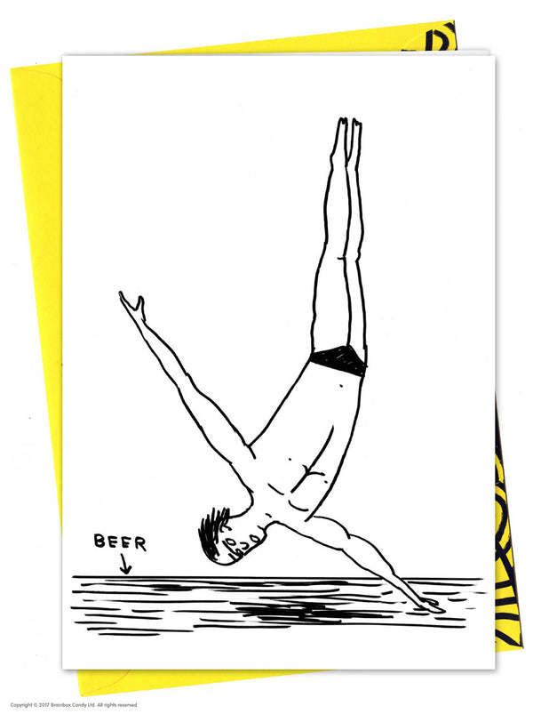 Man diving on beer greeting card by David Shrigley