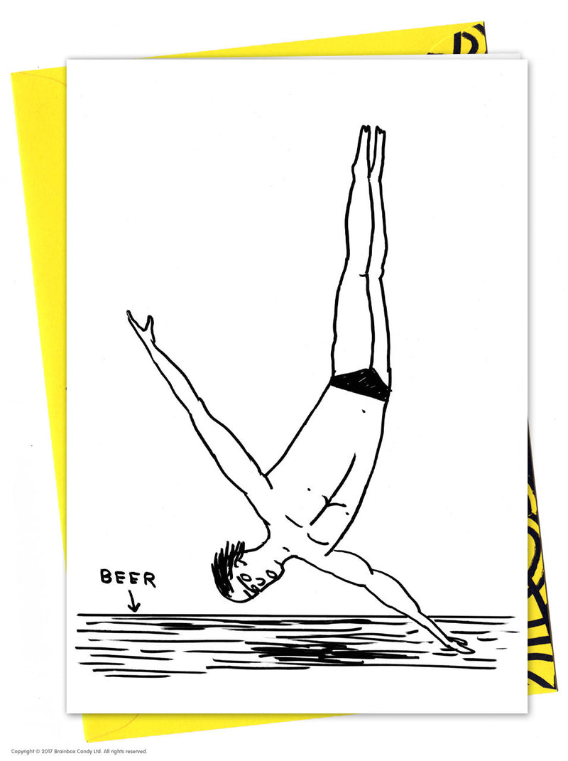Man diving on beer greeting card by David Shrigley