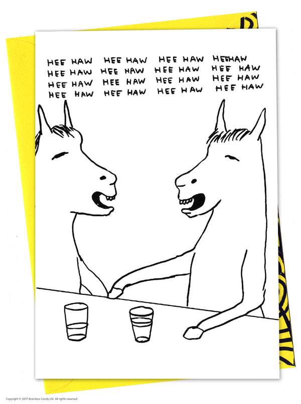 two donkeys saying heehaw and drinking birthday card. Black and white greeting card illustrated by David Shrigley