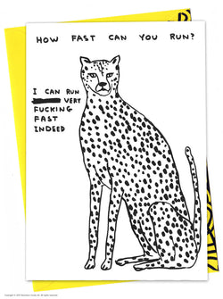 Cheetah with text How Fast Can you Run? I can Run very Fucking Fast Indeed. Black and white birthday card illustrated by David Shrigley