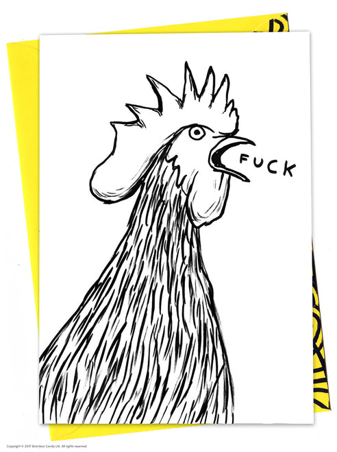 Cockerel with beak open saying fuck. Black and white greeting card illustrated by David Shrigley