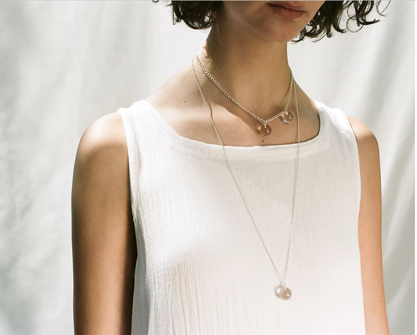 Handmade chunky statement necklace with a Sterling Silver chain and two rock crystal spheres
