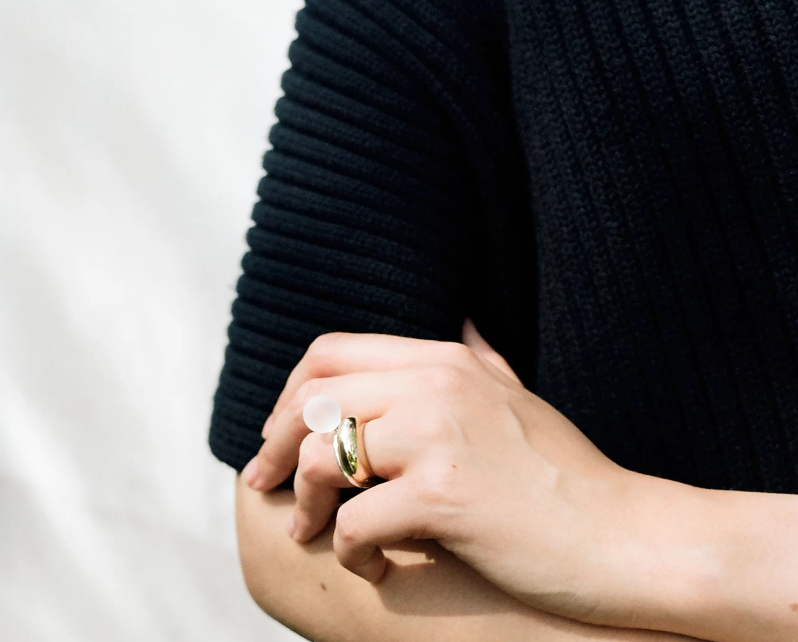 Deborah Tseng handmade sphere ring in sterling silver and a matte rock crystal