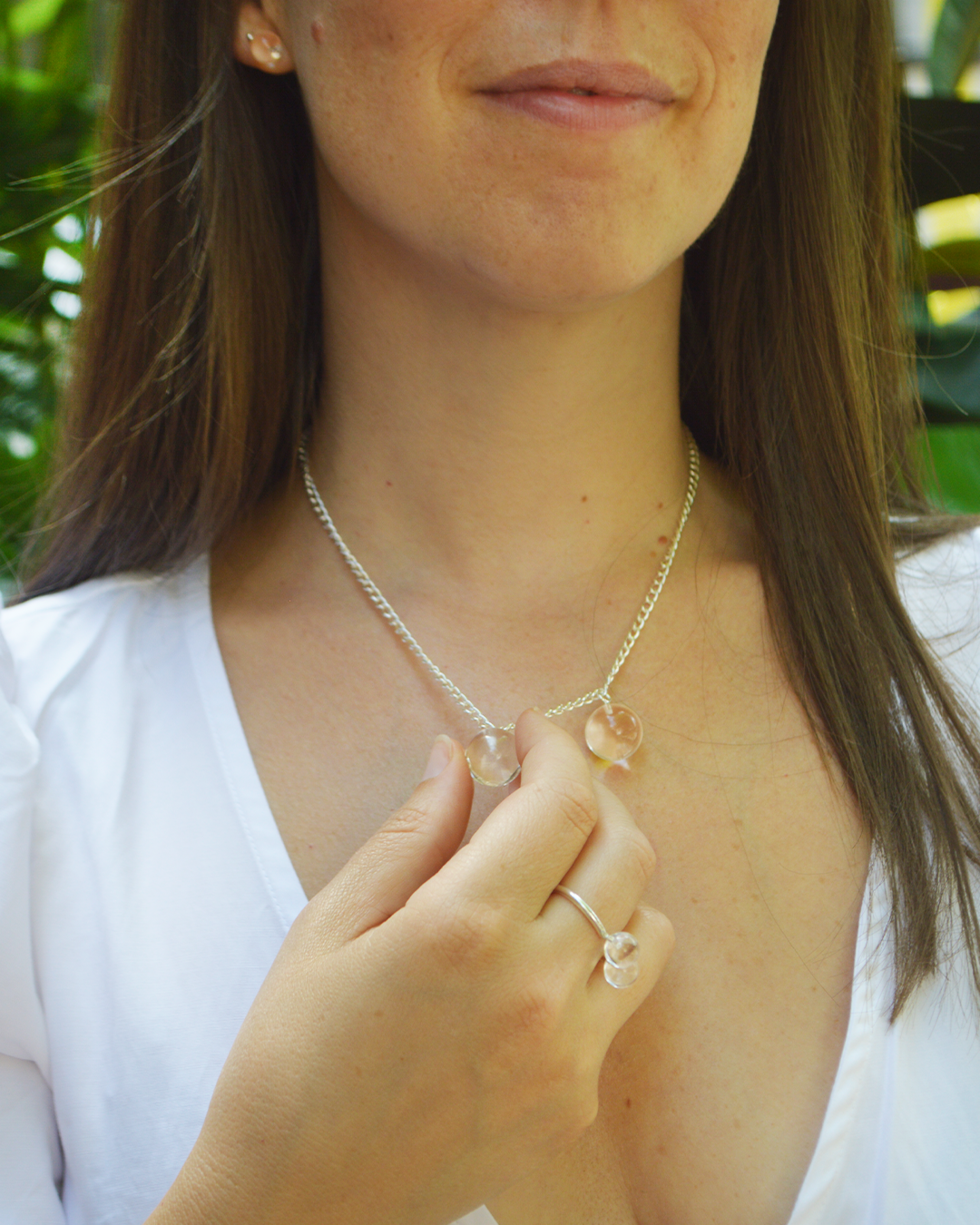 Handmade double sphere chunky necklace in Sterling Silver and Rock Crystals