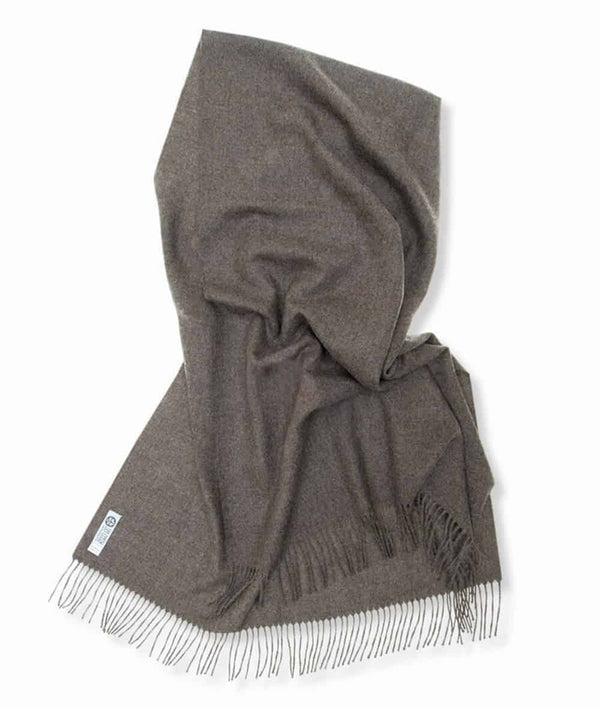 close up picture of handmade super soft baby alpaca shawl by so cosy in mocha available online and at the store