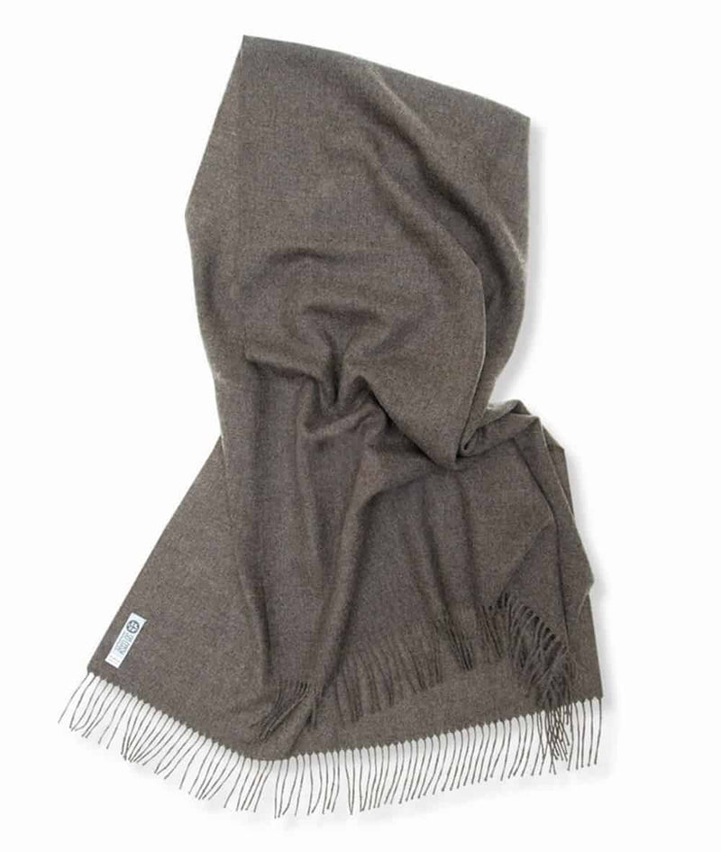 close up picture of handmade super soft baby alpaca shawl by so cosy in mocha available online and at the store