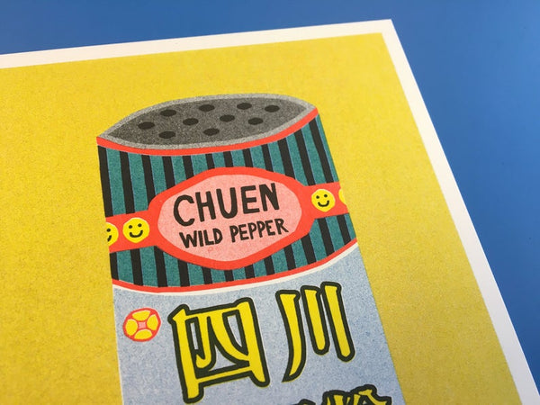 Close up details of a Japanese inspired risograph print featuring a tin can of Chuen Pepper by Utrecht based We are out of office available now at Cuemars