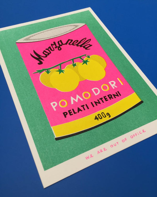 Vibrant risograph print featuring a can of italian Marzanella Pomodori. Designed and printed by Dutch studio We Are Out of Office