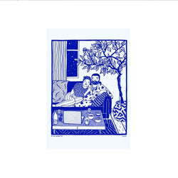 A woman and a man cuddling on a sofa watching something on their laptop in their living room, by French visual artist Elise Esposito. Available at www.cuemars.com