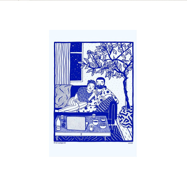 A woman and a man cuddling on a sofa watching something on their laptop in their living room, by French visual artist Elise Esposito. Available at www.cuemars.com