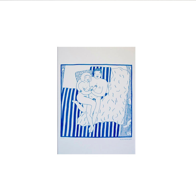 A couple naked cuddling on their bed, by French visual artist Elise Esposito. Available at www.cuemars.com