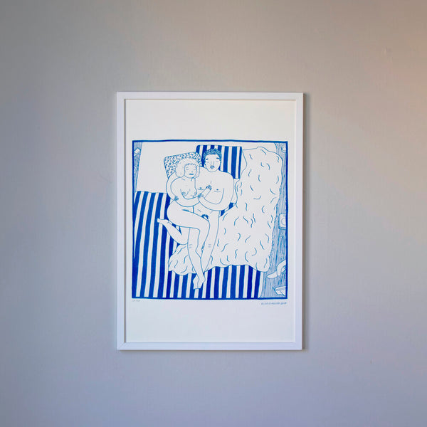 A couple naked cuddling on their bed, by French visual artist Elise Esposito. Available at www.cuemars.com