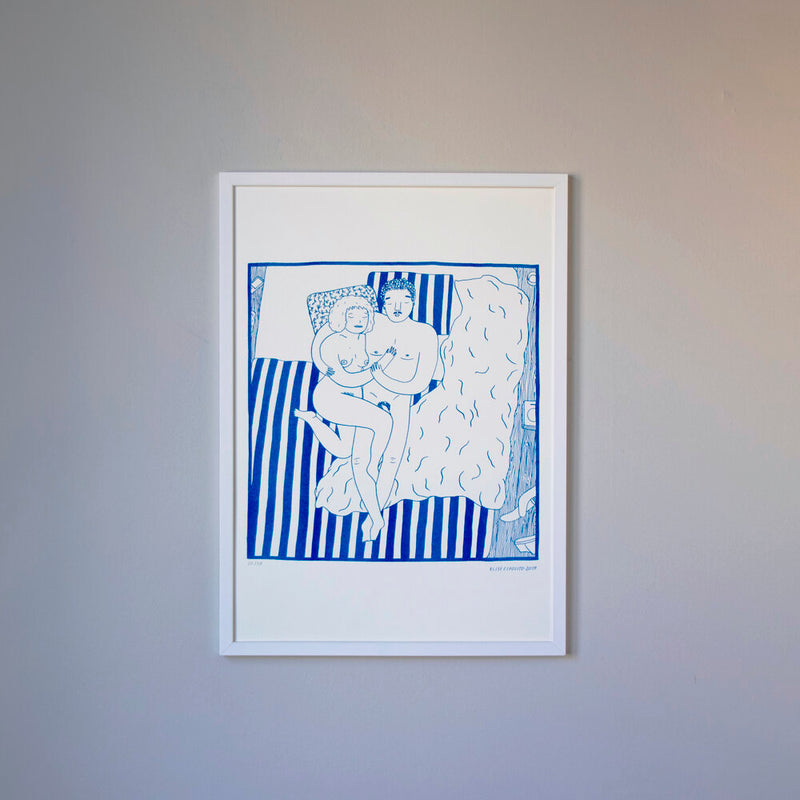 A couple naked cuddling on their bed, by French visual artist Elise Esposito. Available at www.cuemars.com