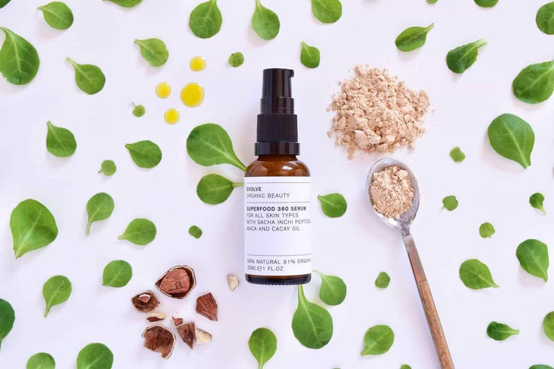 Flat Lay Picture of Evolve Organic Beauty's Award Winning Superfood 360 Face Serum available now at cuemars.com
