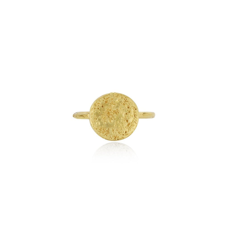 Moon ring in gold vermeil featuring a full moon and the moon craters that have been made by hand individually by Momocreatura in London