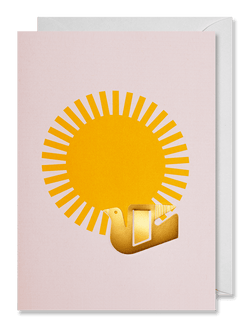 Greeting card with a big bright sun illustration and a metallic bookmark shaped as a bird, by Spanish design studio Octaevo. Available at cuemars.com