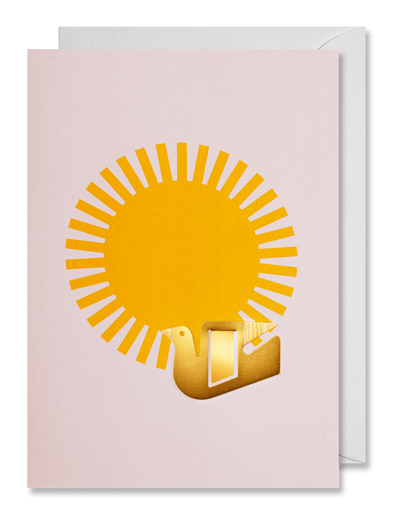 Greeting card with a big bright sun illustration and a metallic bookmark shaped as a bird, by Spanish design studio Octaevo. Available at cuemars.com