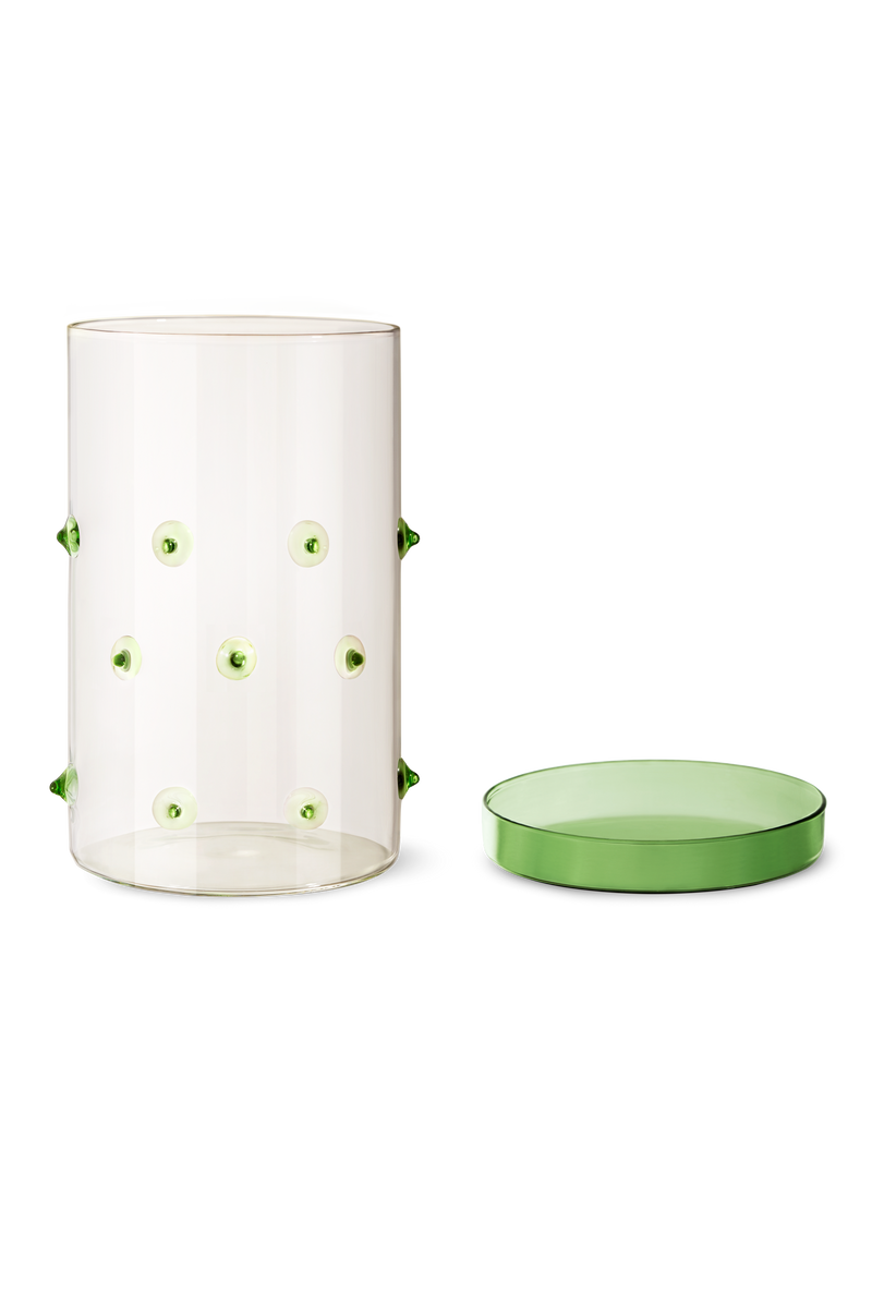 Picture of a handmade cylindrical glass vase or container by design studio Octaevo inspired by the agave plant