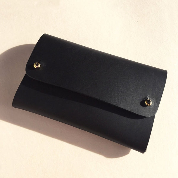 Front of Vegetable tanned leather black card wallet by slow fashion UK brand Kles