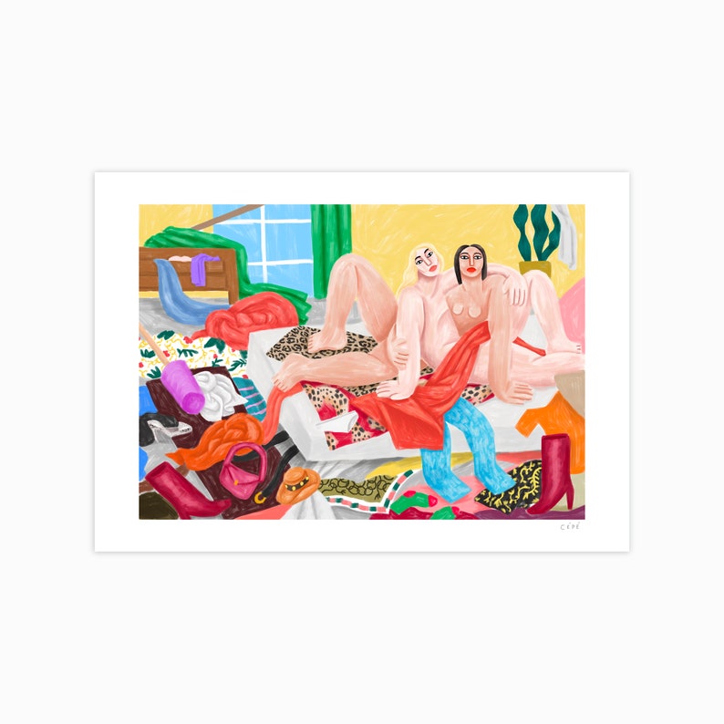 two naked women on a bed full of clothes, shoes, boots, by French illustrator Ce Pe