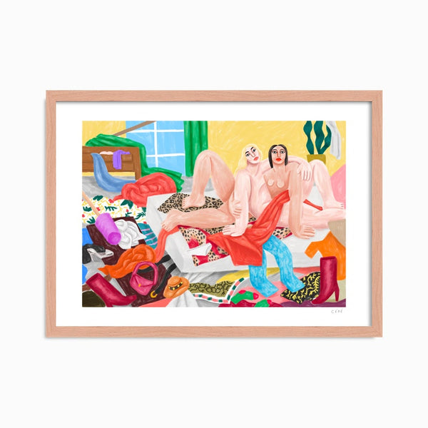 two naked women on a bed full of clothes, shoes, boots, by French illustrator Ce Pe