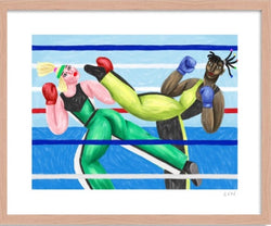 two women kickboxing in a boxing ring wearing colourful sport clothes and blue and red boxing gloves, illustrated by French artist Ce Pe