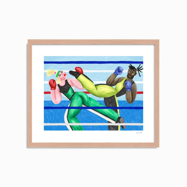 two women kickboxing in a boxing ring wearing colourful sport clothes and blue and red boxing gloves, illustrated by French artist Ce Pe