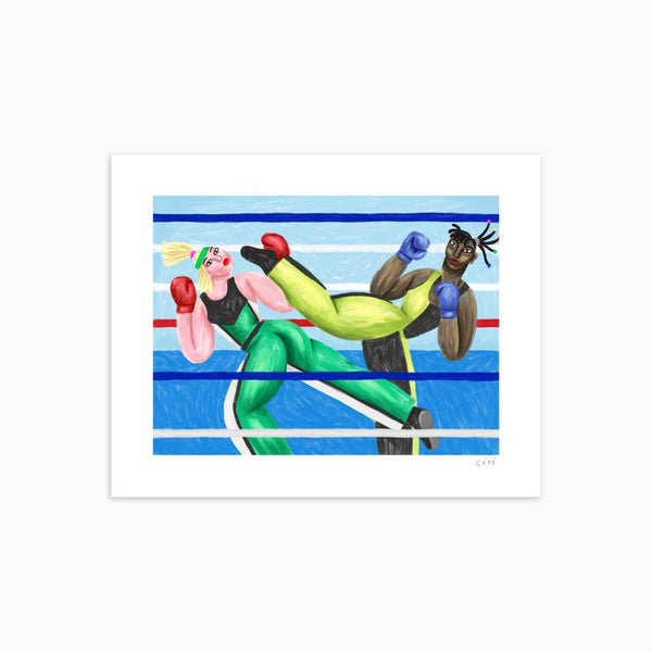two women kickboxing in a boxing ring wearing colourful sport clothes and blue and red boxing gloves, illustrated by French artist Ce Pe