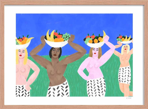 four women topless wearing a black and white skirt holding fruit balls on their heads