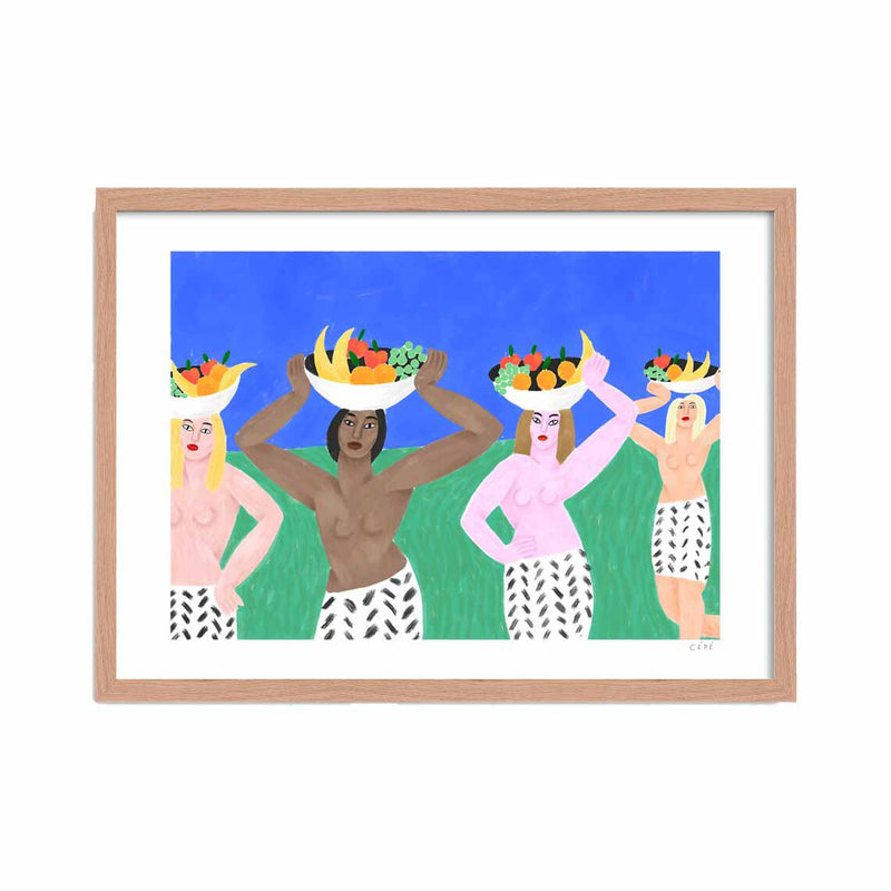 four women topless wearing a black and white skirt holding fruit balls on their heads