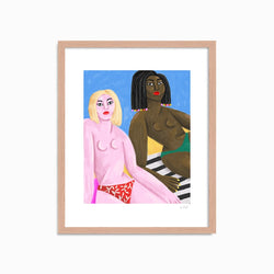 two women topless sunbathing on the beach, illustrated by French artist Ce Pe