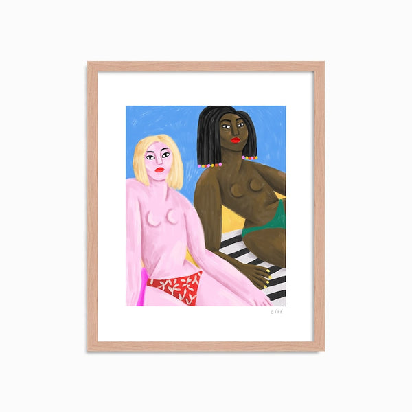 two women topless sunbathing on the beach, illustrated by French artist Ce Pe