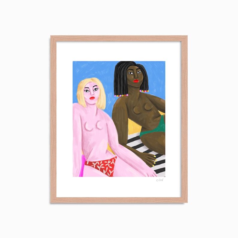 two women topless sunbathing on the beach, illustrated by French artist Ce Pe