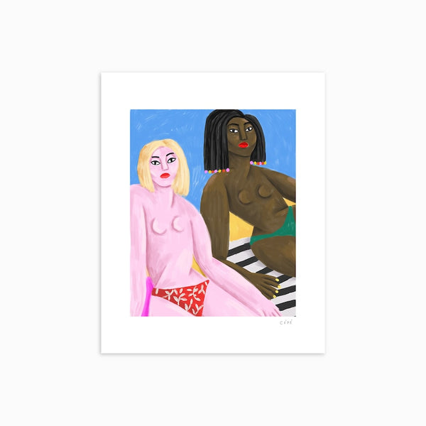 two women topless sunbathing on the beach, illustrated by French artist Ce Pe