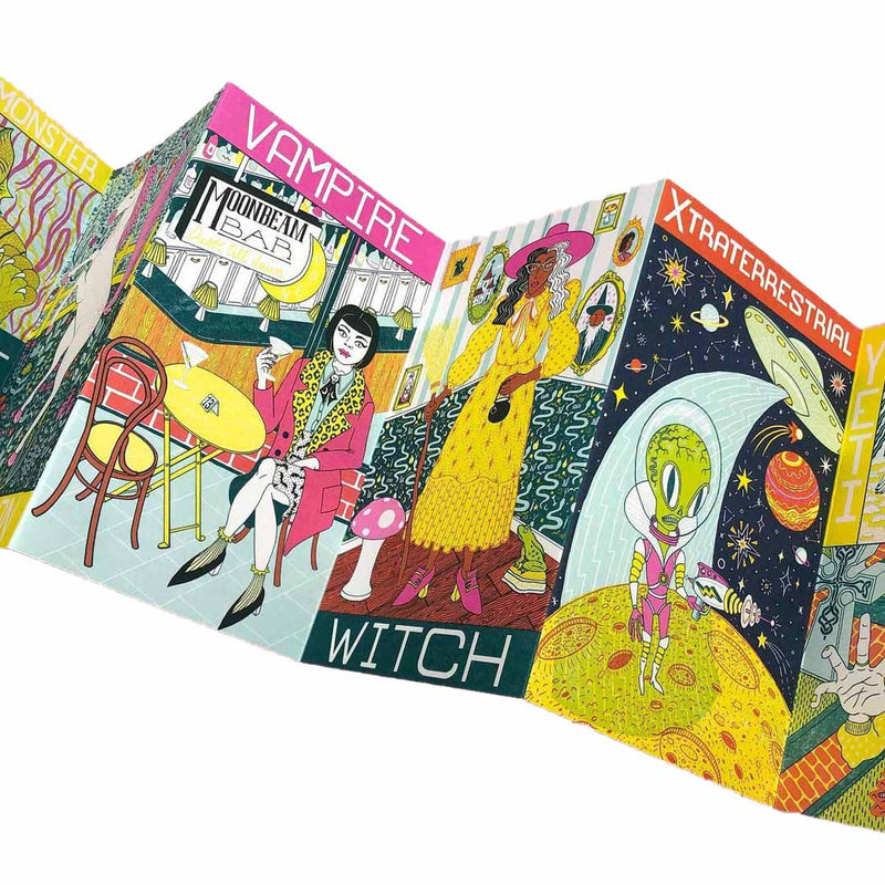 Concertina book with Jacqueline Colley's colourful illustrations of a vampire, a witch and an alien