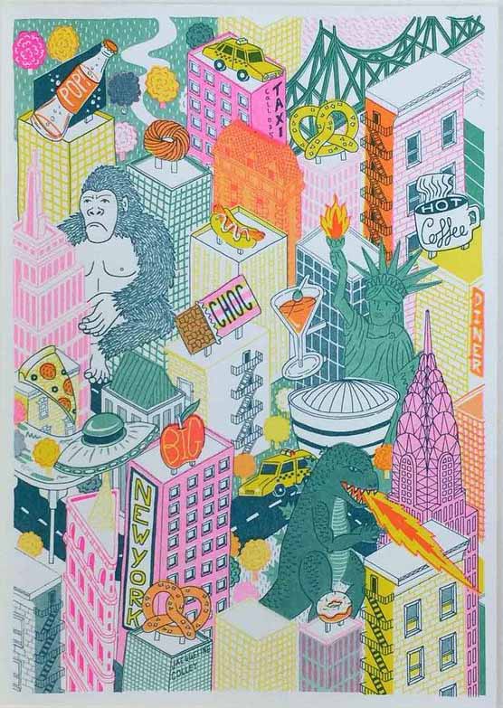 illustration of new york city inspired by pop culture featuring king kong, godzilla, the statue of liberty and many more. Illustrated by British artist Jacqueline Colley