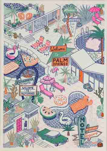 illustrations inspired by Palm Springs featuring swans and unicorns rubber rings, jazzy motels, palm trees, swimming pools and cacti. By Jacqueline Colley 