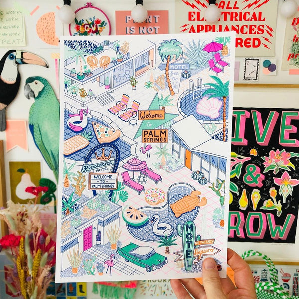 illustrations inspired by Palm Springs featuring swans and unicorns rubber rings, jazzy motels, palm trees, swimming pools and cacti. By Jacqueline Colley 