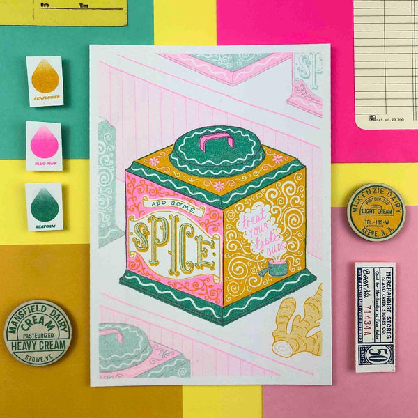 a green, yellow, pink and orange with the typography Add Some Spice - Treat Your Tastes Buds by British illustrator Jacqueline Colley