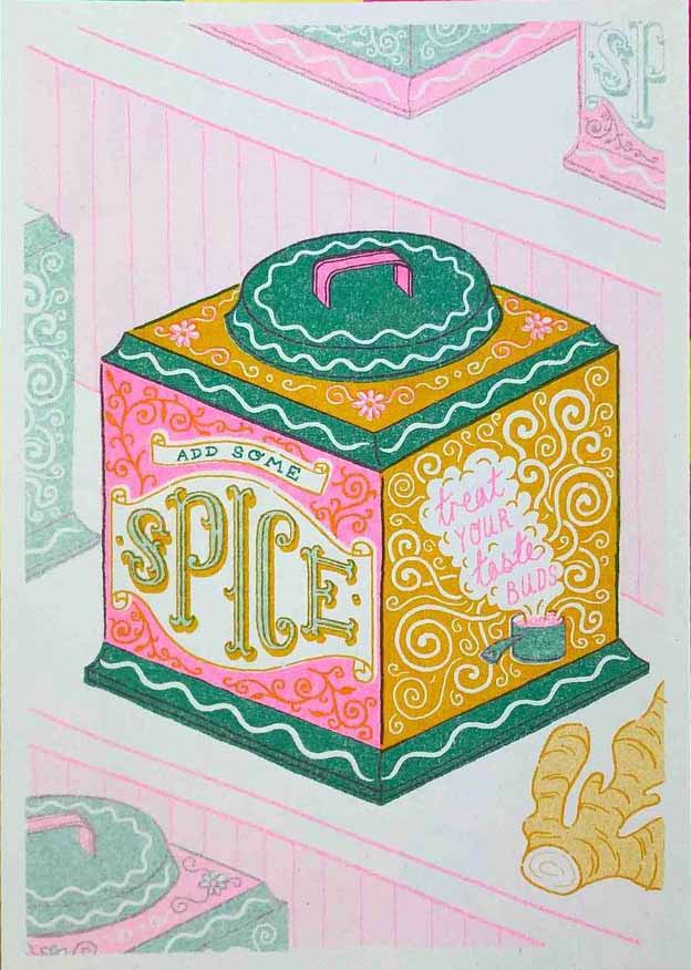 a green, yellow, pink and orange with the typography Add Some Spice - Treat Your Tastes Buds by British illustrator Jacqueline Colley