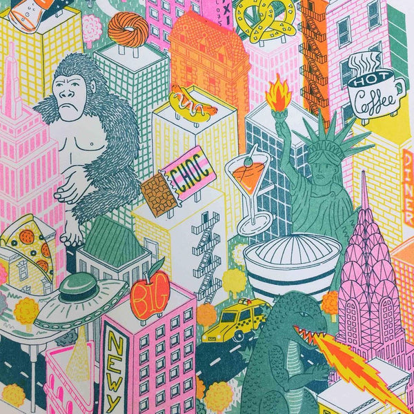 illustration of new york city inspired by pop culture featuring king kong, godzilla, the statue of liberty and many more. Illustrated by British artist Jacqueline Colley