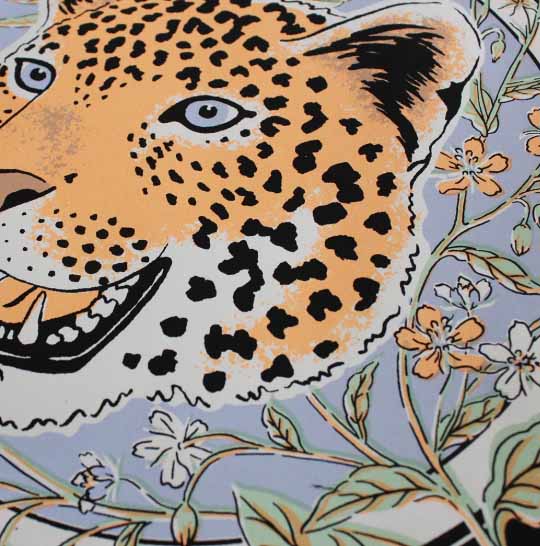 Details of hand screen printed limited edition illustration leopard by jacqueline colley