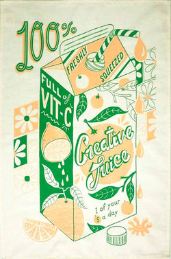 a green and orange art tea towel by British illustrator Jacqueline Colley