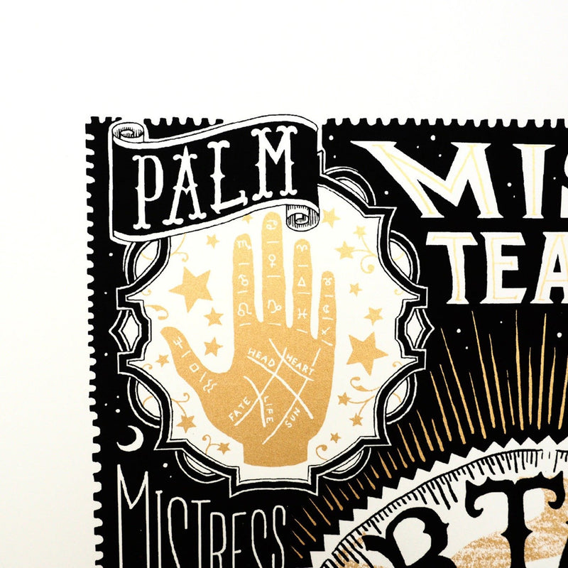 Close up of Tarot Hand from Hand screen printed Jacqueline Colley Fortune told Futures Unfold limited edition illustration