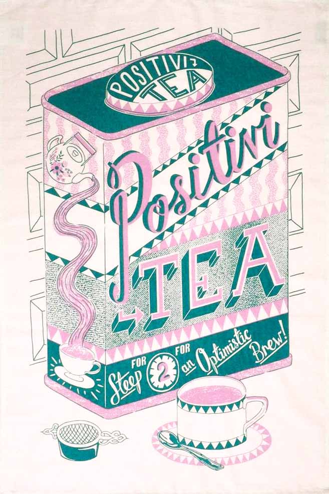 a green and pink art tea towel by British illustrator Jacqueline Colley