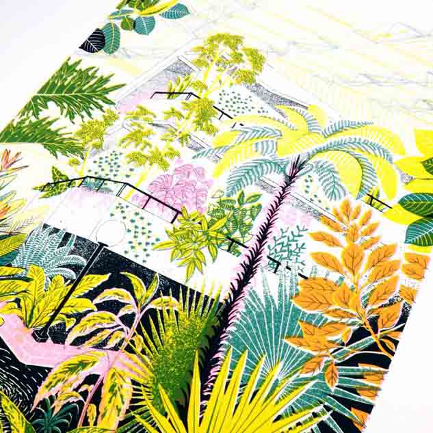 Close up of the limited edition 4 colours screen printed illustration of the Barbican Conservatory
