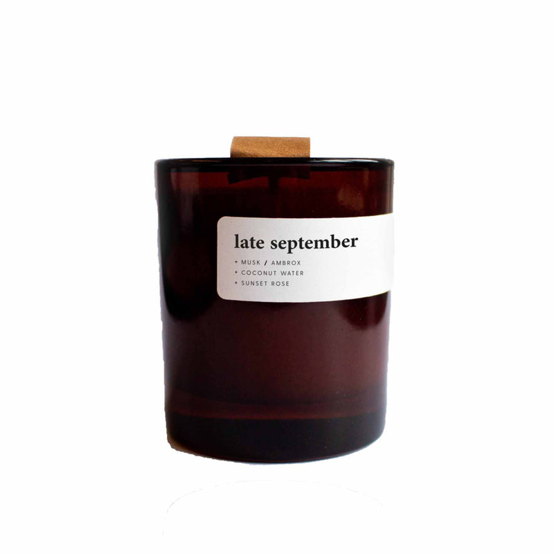 reusable amber glass jar with eco friendly lid from independent candle business Keynvor. Late September new eco soy candle.